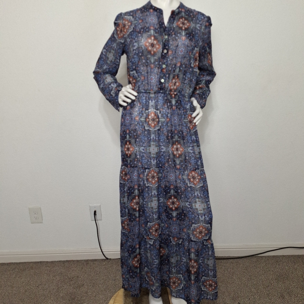 Xhilaration Blue Multicolor Prairie Bohemian Paisley Sheer Maxi Dress Size L